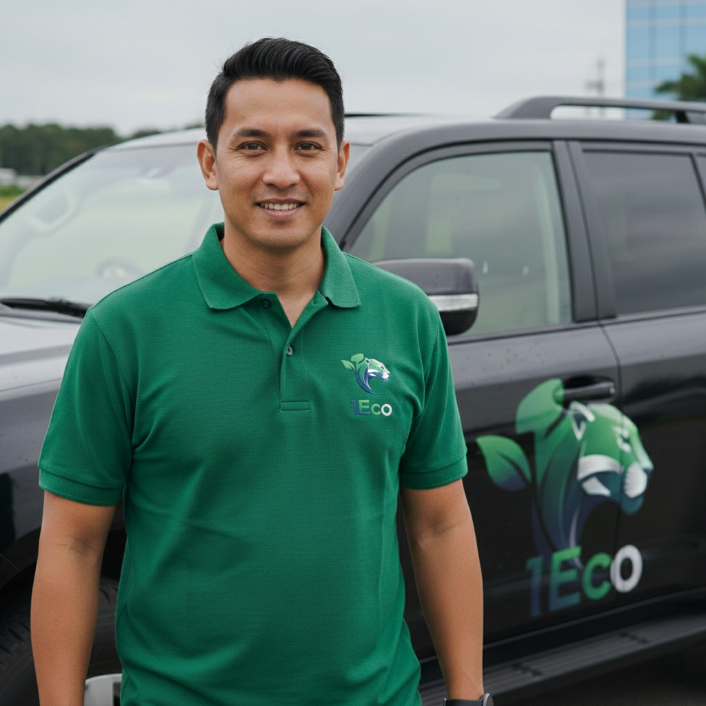 A man smiling in a green polo shirt standing outdoors next to a black vehicle with a logo that reads '1ECO' and features a stylized panther and leaf design.