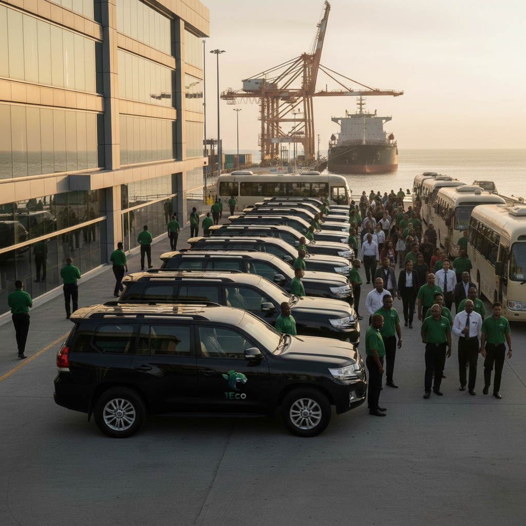 A large group of people, many wearing green shirts, walking in front of a building with glass windows near a dock with cargo cranes and a ship in the water.