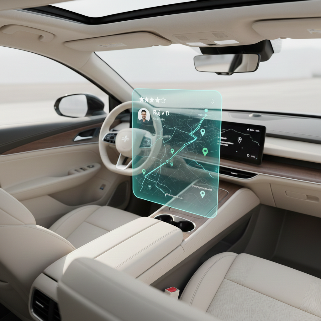The interior of a modern luxury car with a transparent holographic navigation display showing a map, driving route, and a profile of a driver named Rajiv D, along with some ratings.