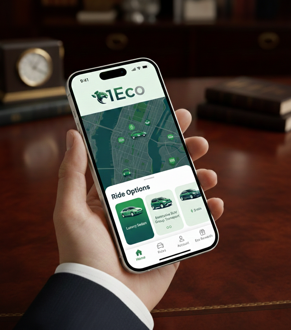 Person holding a smartphone showing a ride-hailing app called iTEco with options for different vehicles, including a luxury sedan, an SUV, and a compact car, on a wooden desk with books and a clock in the background.