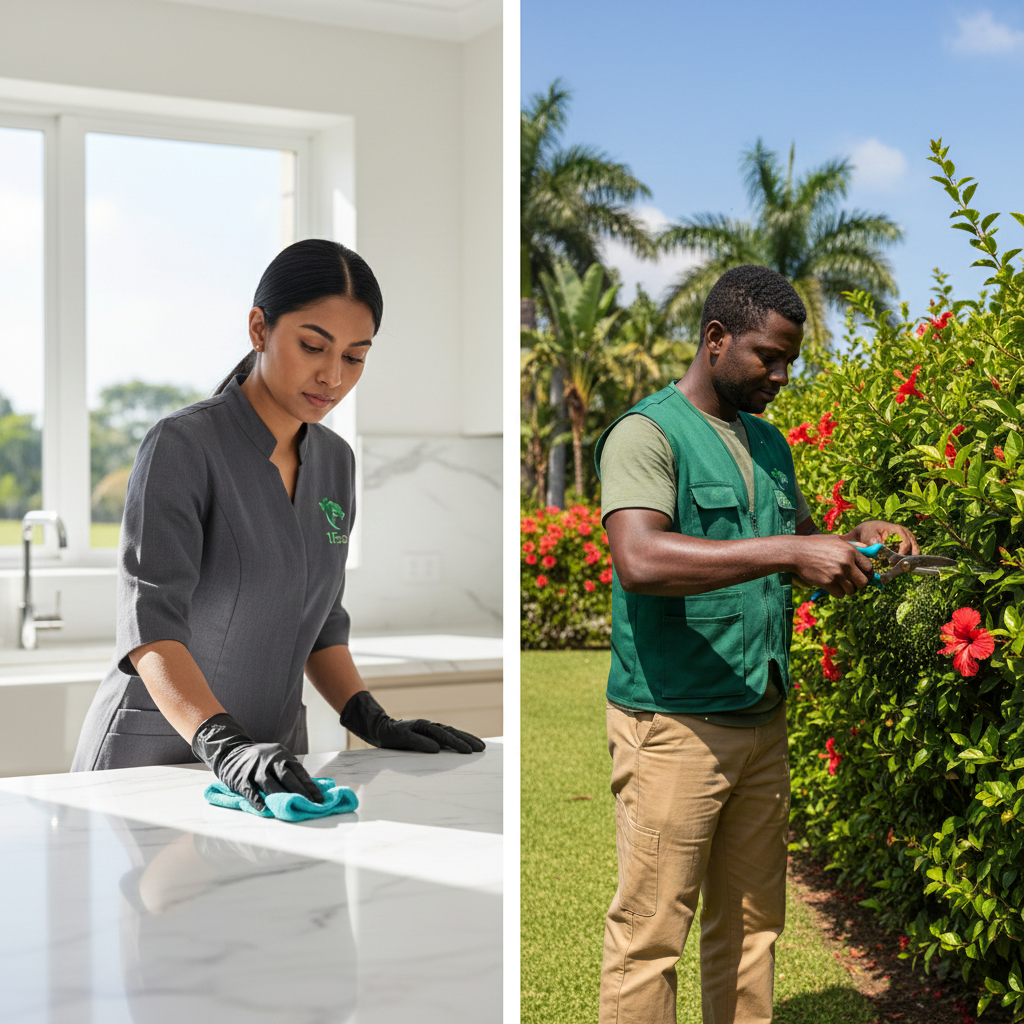 Split image showing a woman cleaning a kitchen counter indoors on the left and a man gardening outdoors on the right.