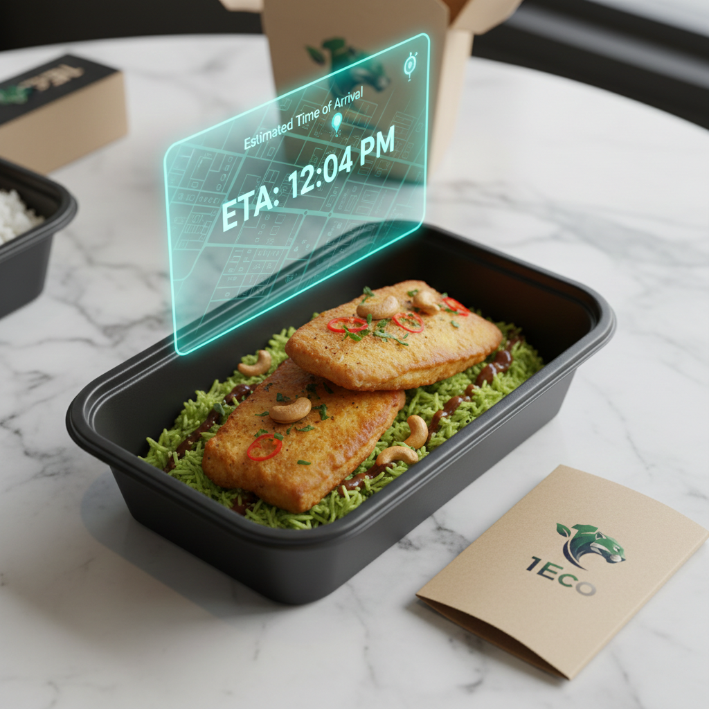 A meal in a black container with rice, two pieces of breaded fish topped with sliced red chili and garnishes, on bed of green rice or noodles, with a futuristic digital overlay showing an estimated arrival time of 12:04 pm. The container rests on a white marble surface, with a pizza box and a napkin nearby.