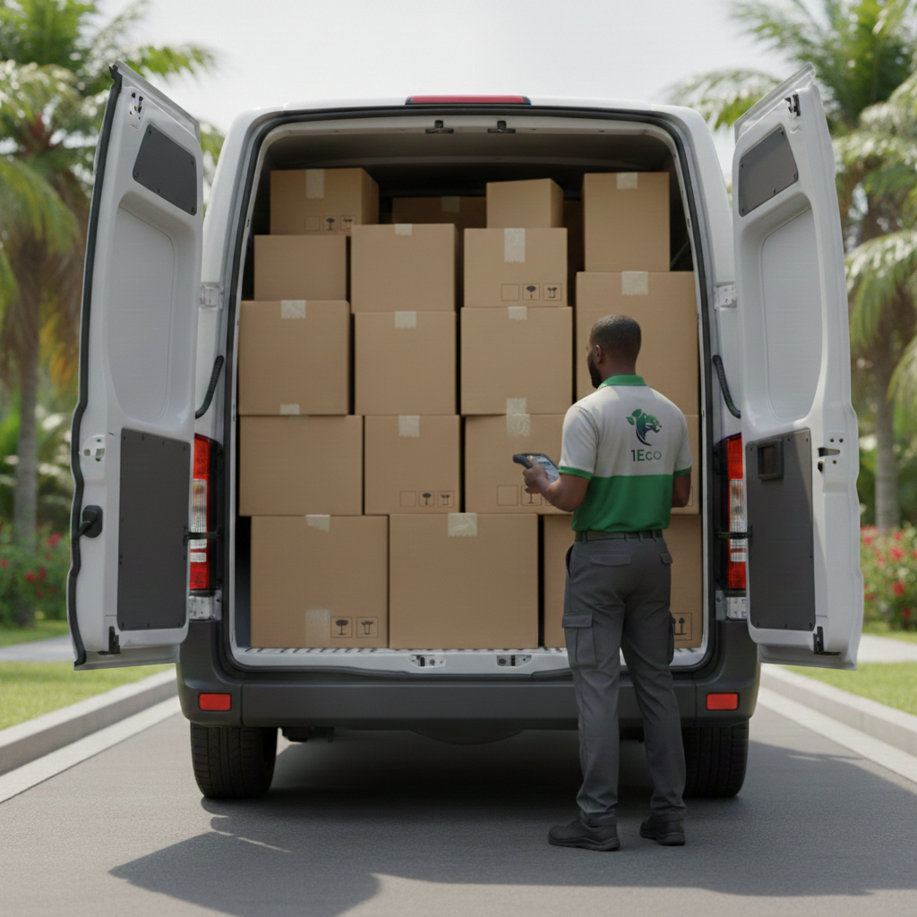 A delivery person standing in front of an open van filled with cardboard boxes, holding a device, outdoors with trees and grass in the background.