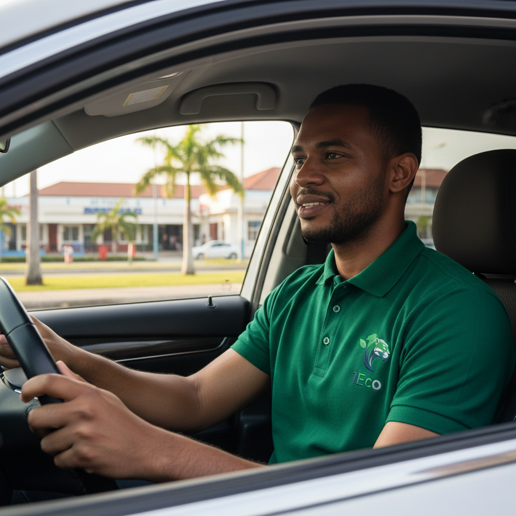 A man driving a car, wearing a green polo shirt with an Eco logo, on a sunny street with palm trees and buildings in the background.