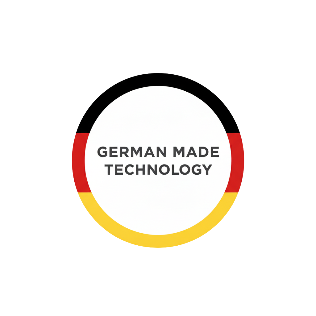 A circular label with the German flag colors and the text "German Made Technology" in the center.