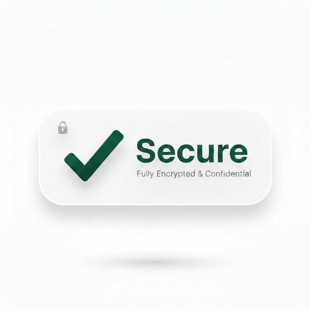 A digital graphic with a green checkmark, the word 'Secure', and the text 'Fully Encrypted & Confidential', indicating security and encryption.