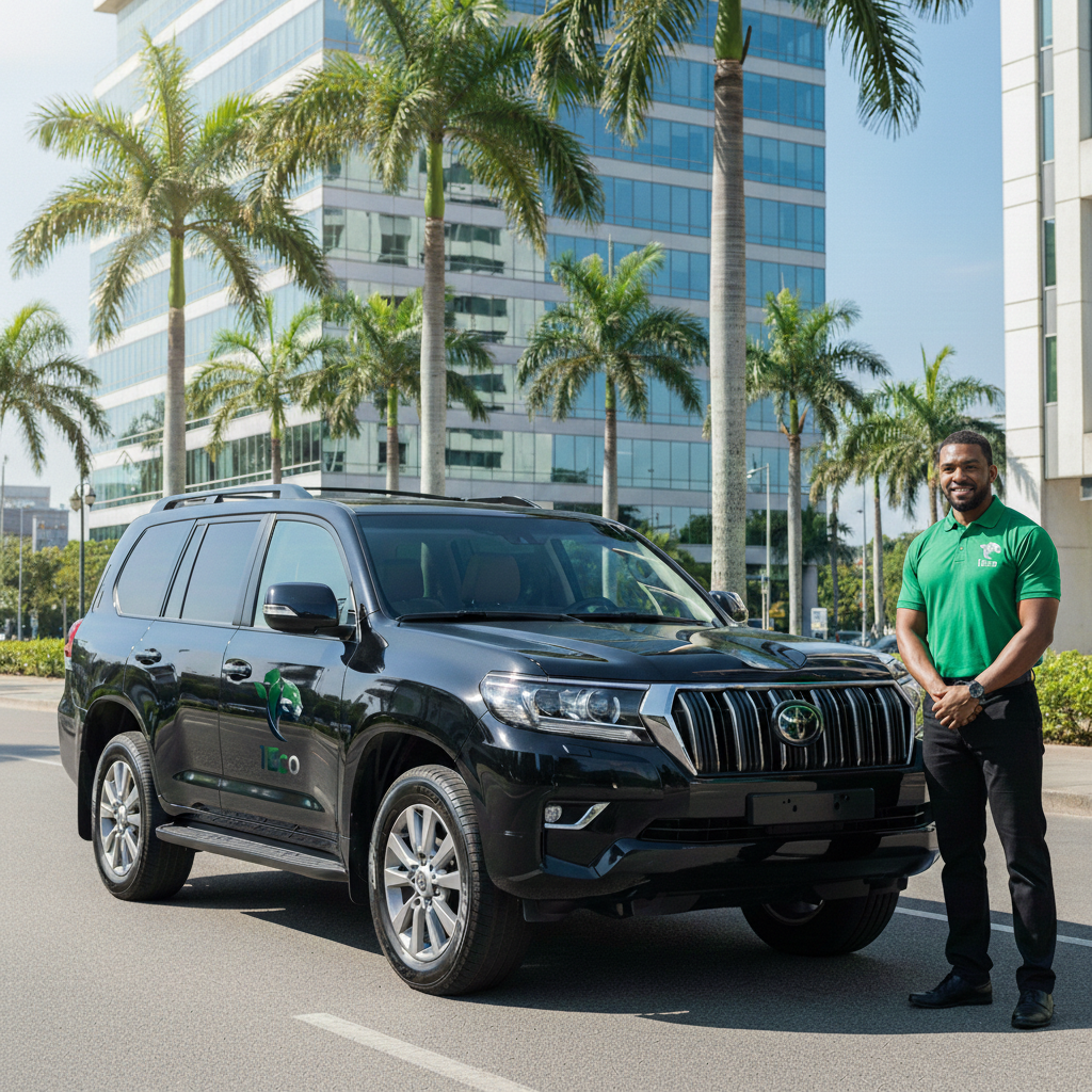 A smiling man in a green polo shirt standing next to a black Toyota SUV with a Teco logo on the door, parked on a city street lined with palm trees and modern glass office buildings in the background.