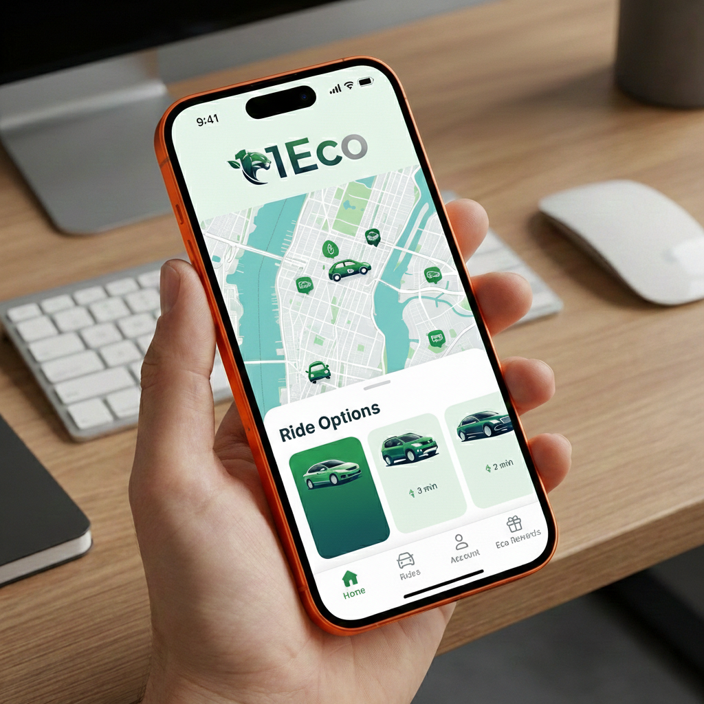 A person holding a smartphone displaying an eco-friendly ride-sharing app with a map and ride options on a wooden desk with a keyboard, mouse, and a closed notebook.