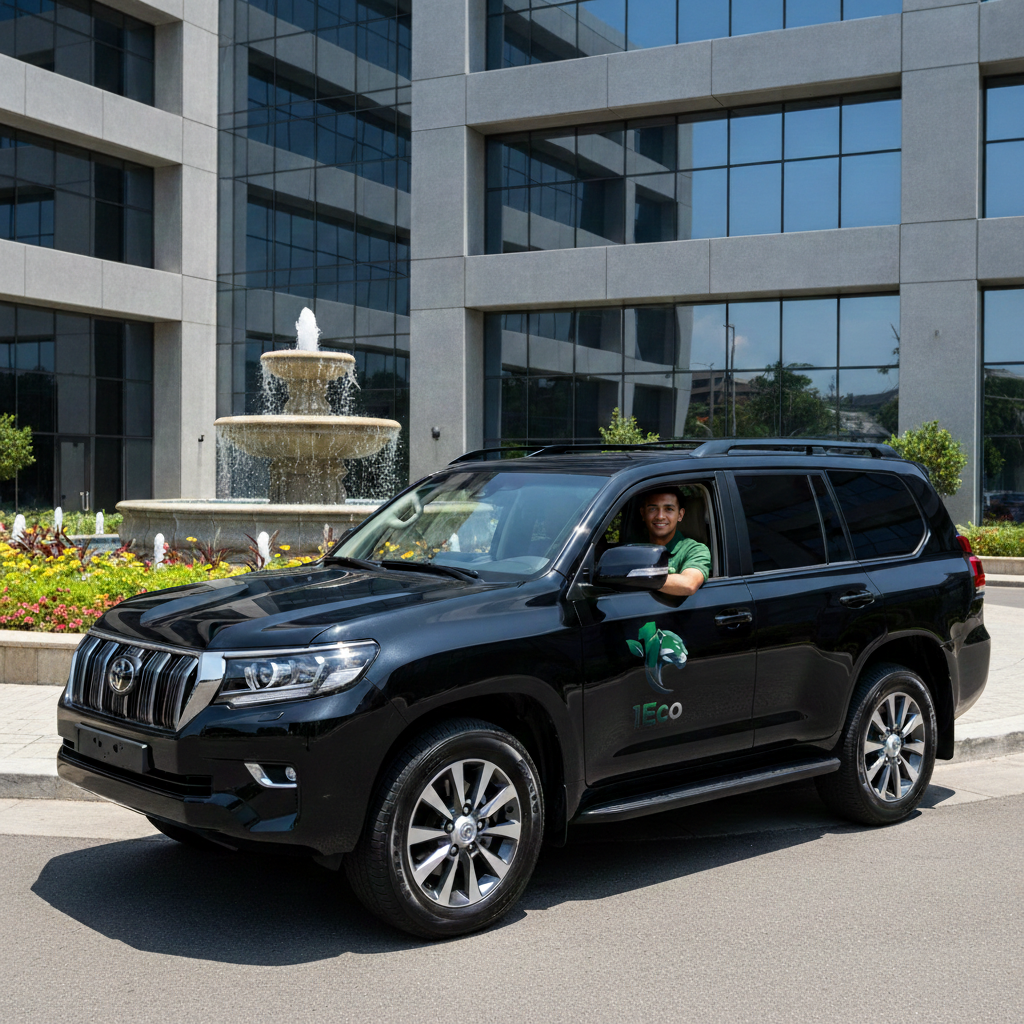 A man smiling inside a black electric Toyota SUV with green eco logos on the side, parked in front of a modern glass building with a fountain and flowerbed nearby.
