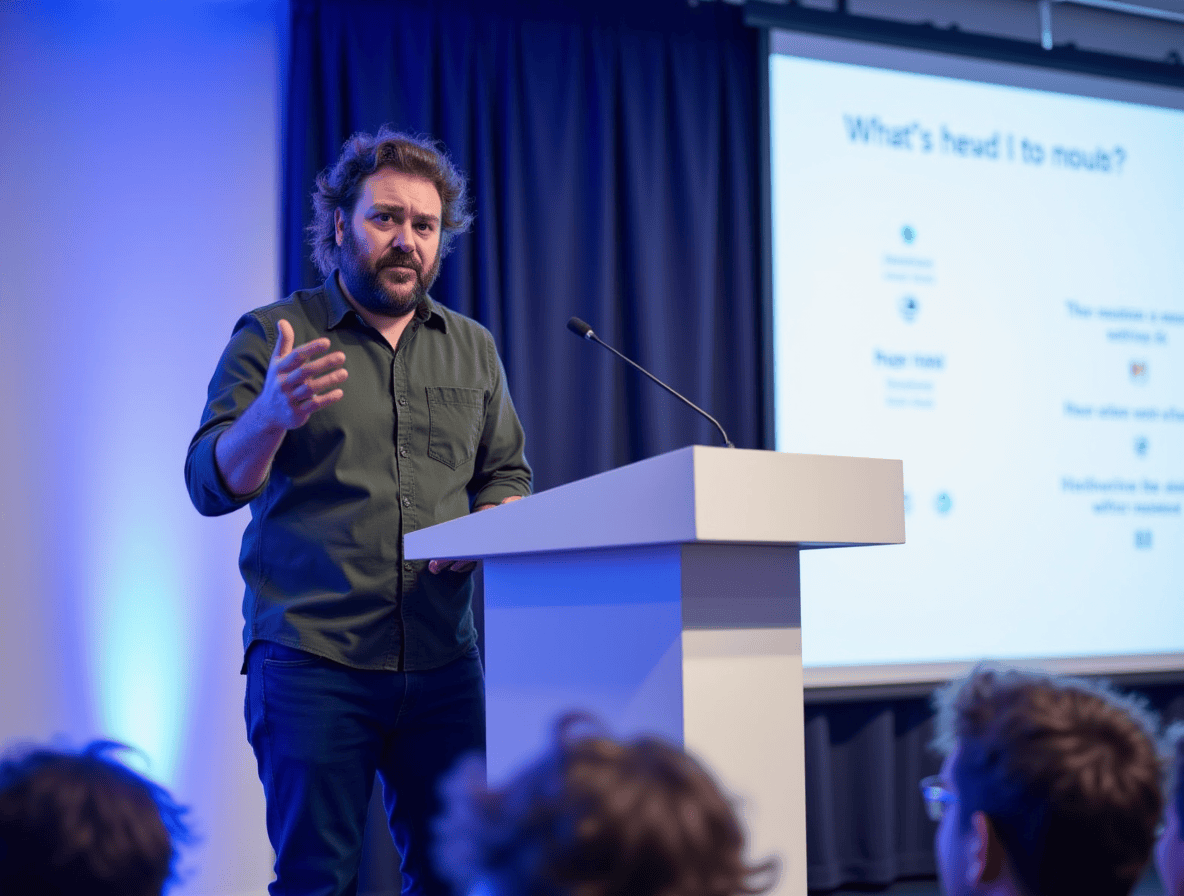 A man is giving a speech at a conference, he is at a podium with a microphone
