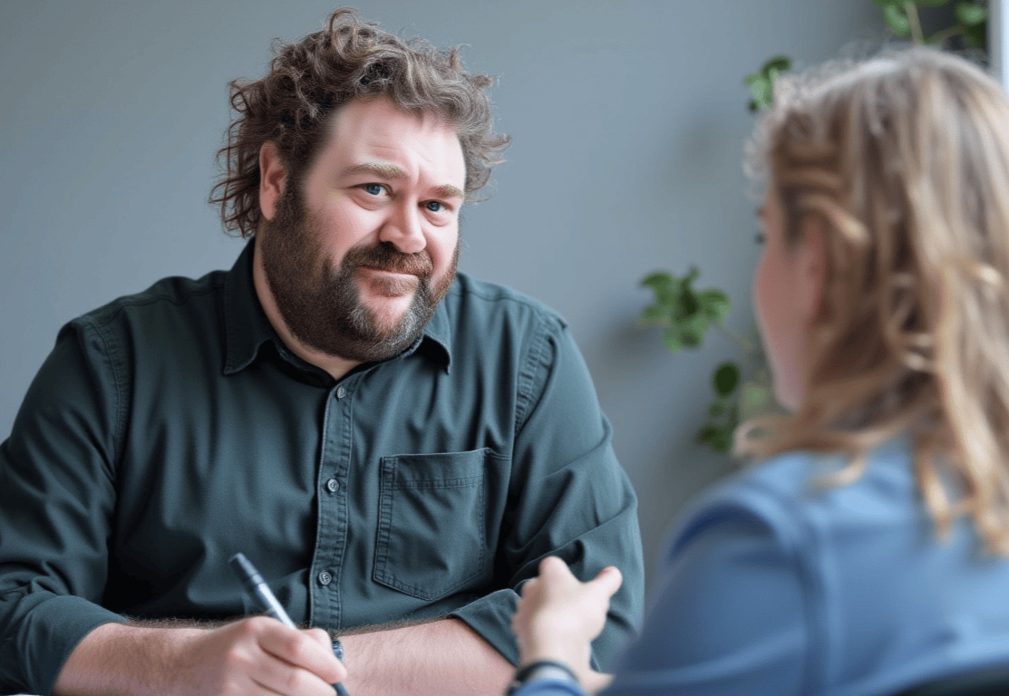 A man in a green shirt with dark hair is coaching a female client