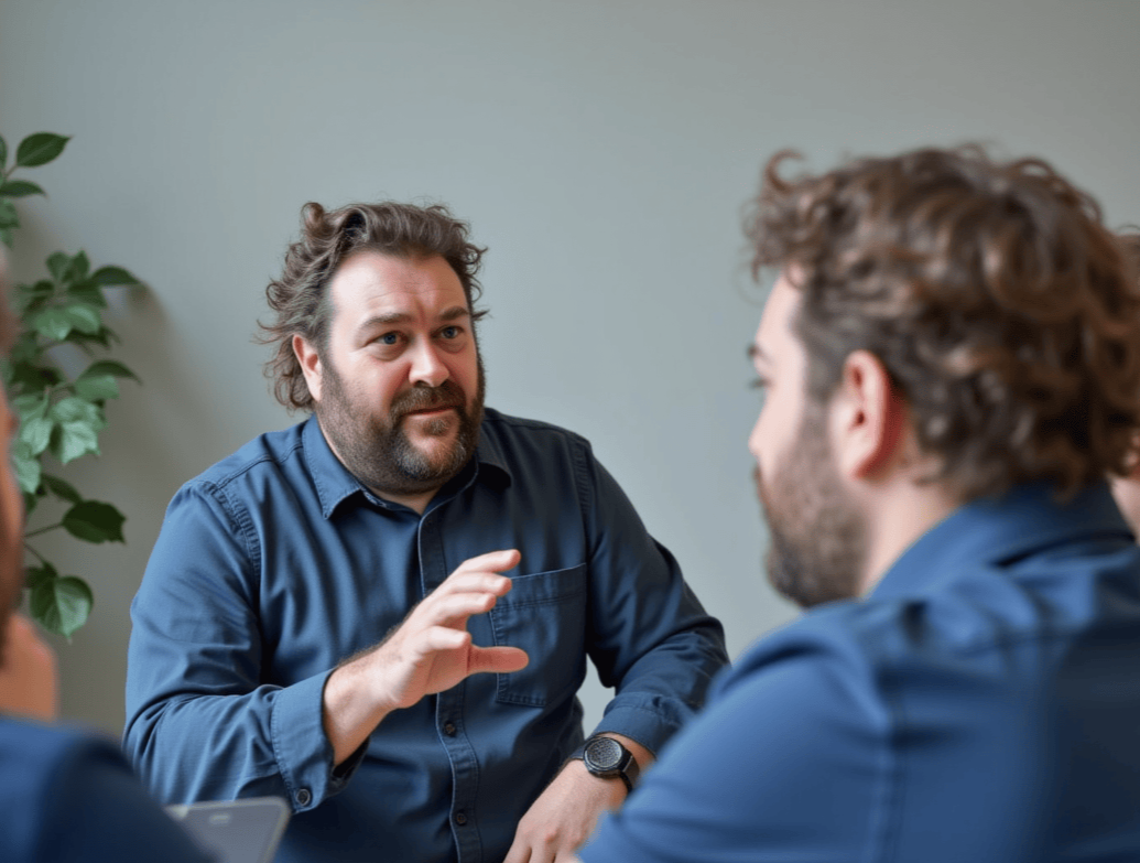 A man in a blue shirt who is a Creative Leader is running a workshop with colleagues