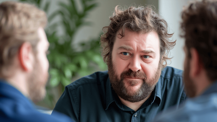 man with dark hair and curly bears sits with two male colleagues having a meeting