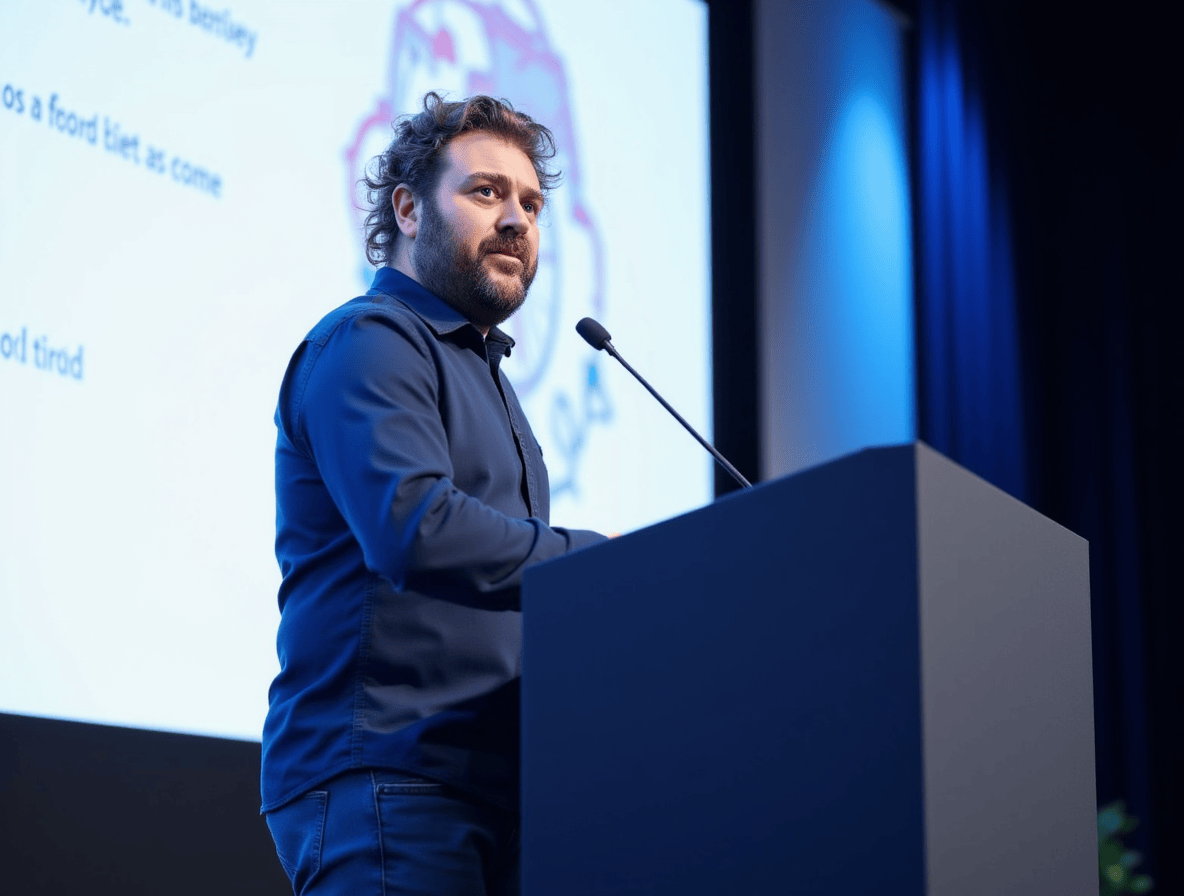 Michael Storey, male, middle-aged, beard and curly hair, stood on stage in during a creative leadership event. speaking behind a podium during a creative leadership event.