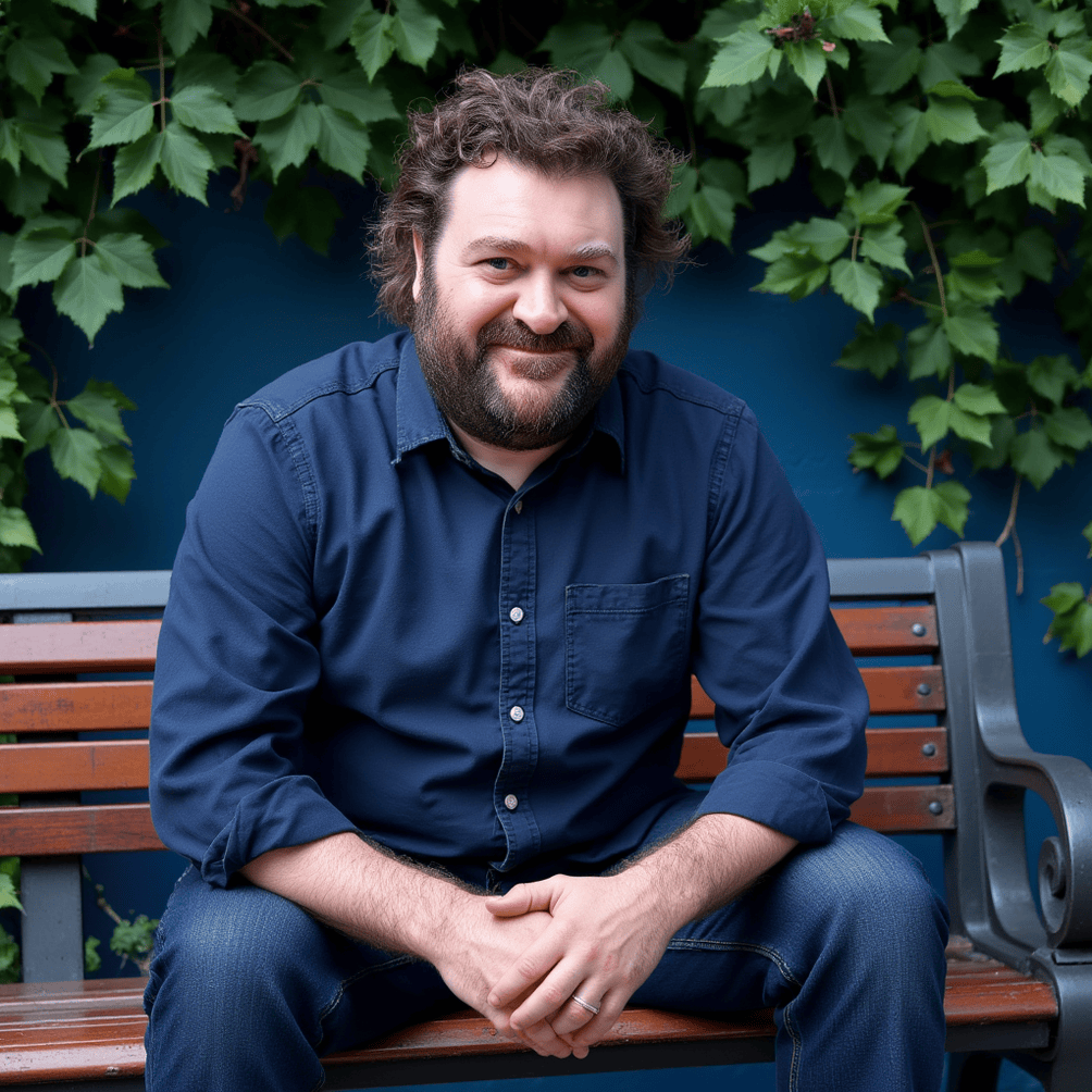 A man with dark hair and a beard is sat on a bench in a garden smiling at the camera