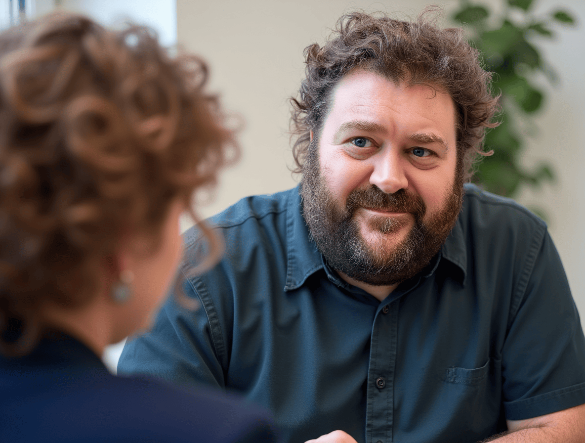 Man with beard, dark and blue shirt coaches woman with dark curly hair, in light bright room