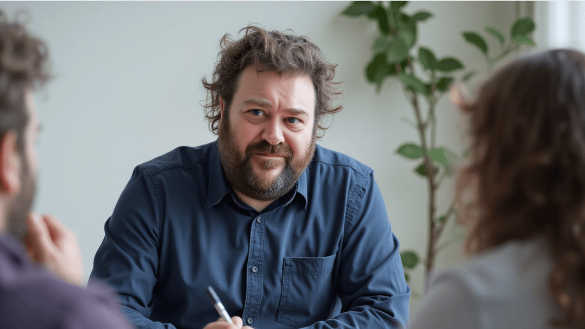 Man with dark hair and beard sits with creative colleagues where we see the baks of their heads