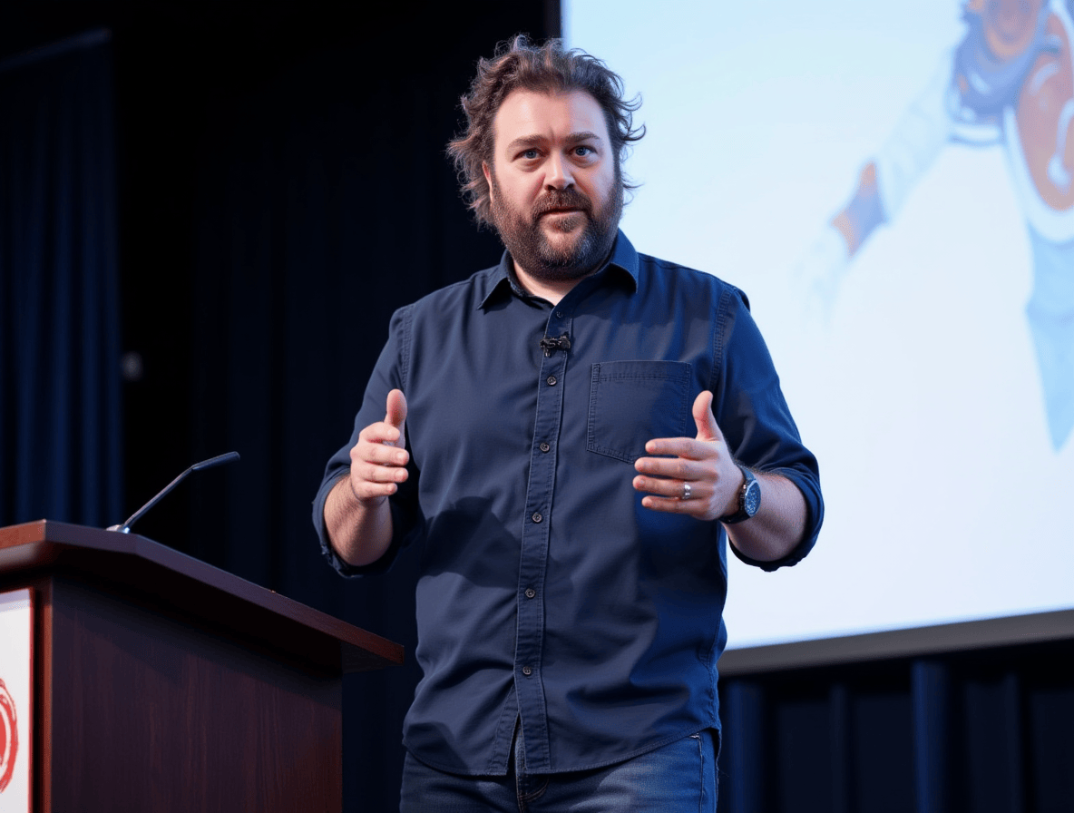 Michael Storey, male, middle-aged, beard and curly hair, stood on stage in during a creative leadership event.
