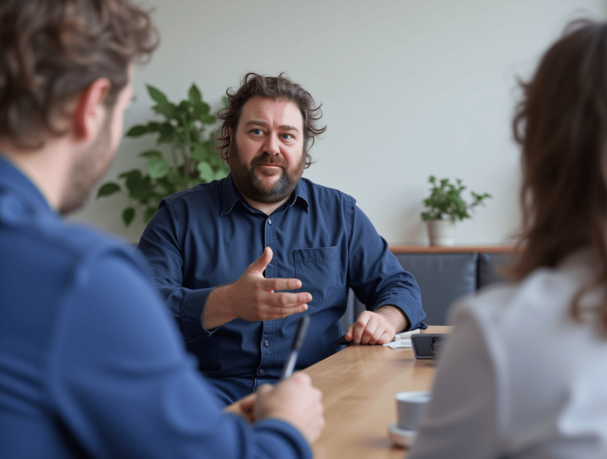 A man in a blue shirt with a beard and dark hair is consulting with clients