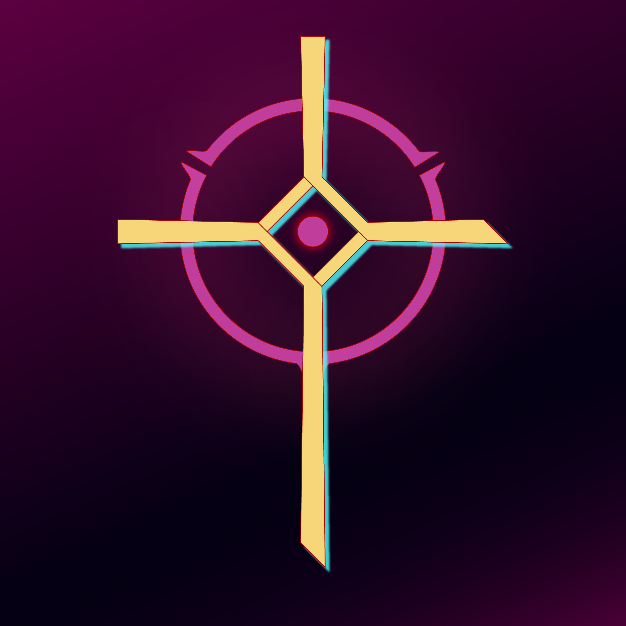 Minimalist logo of a cross with a hollow middle section, slanted edges on some arms and a halo in the background