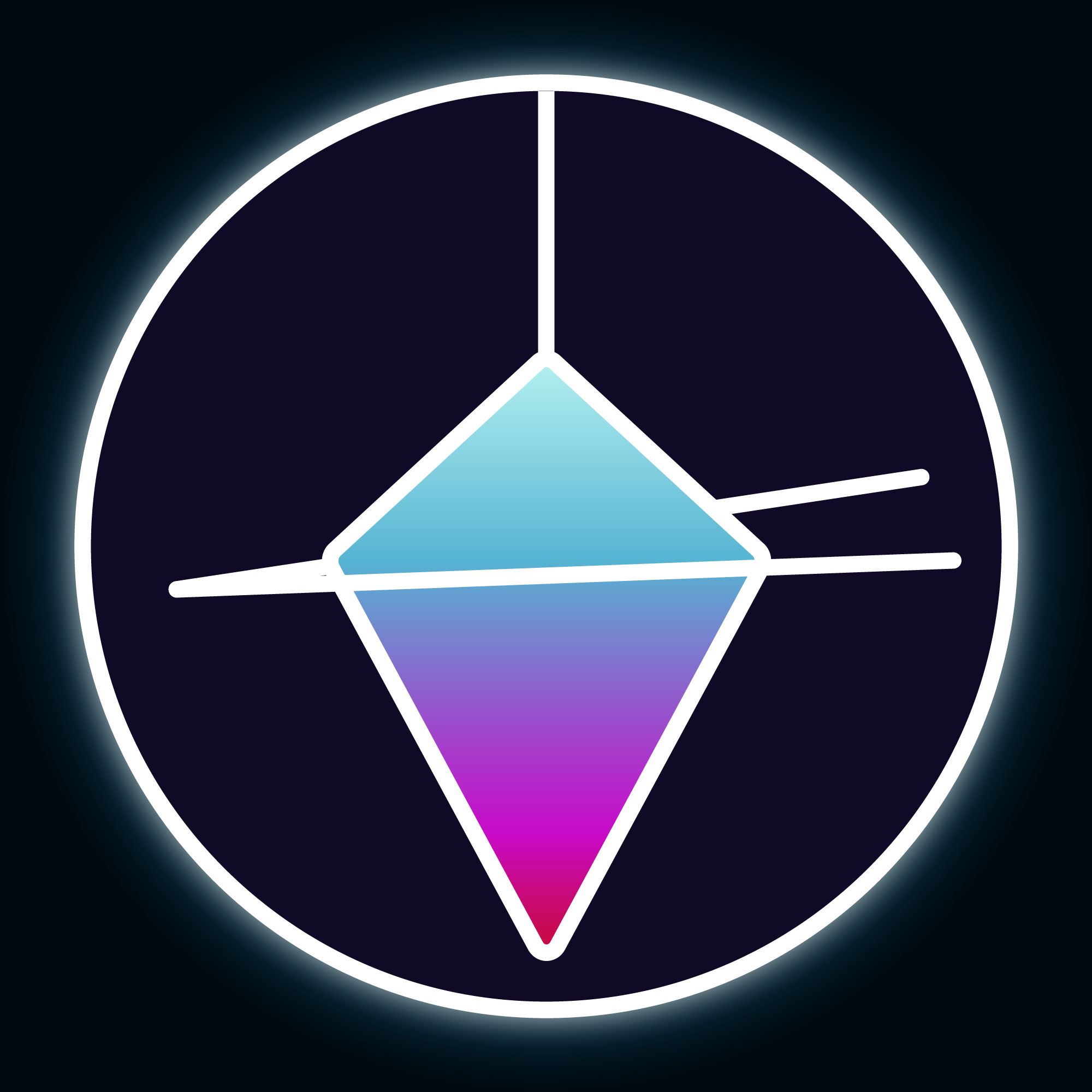 Minimalist logo of a diamond shaped object held in a sphere with cyan and magenta gradient as filling