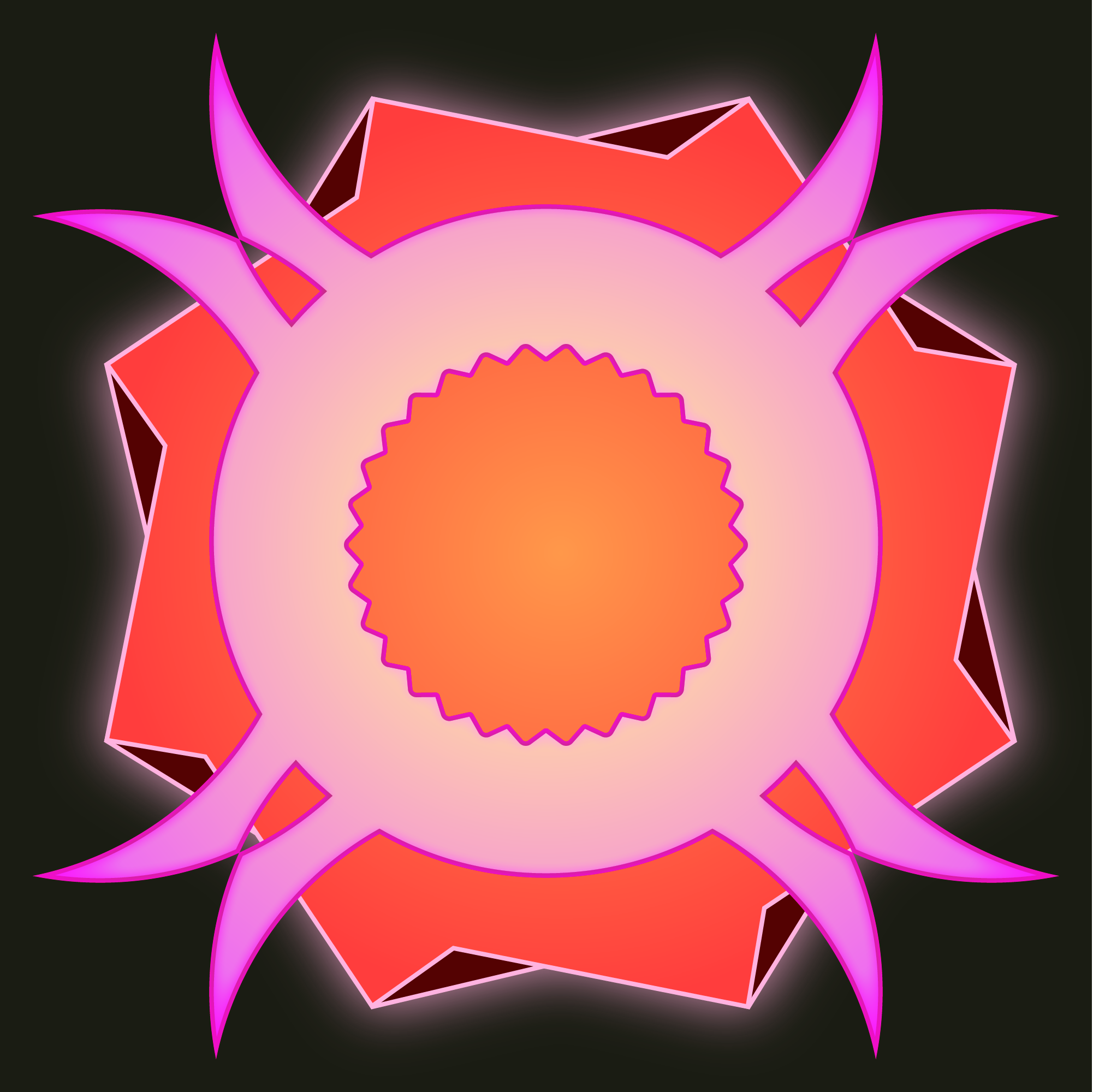 Minimalist logo of a hollow circle with arms on its intercardinal and a 8 bladed windmill behind it. Bright orange and red for the windmill and light pink for the circle have been used