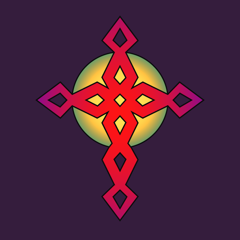 Minimalist logo showing a gothic cross with hollowed sections and a yellow sphere behind it