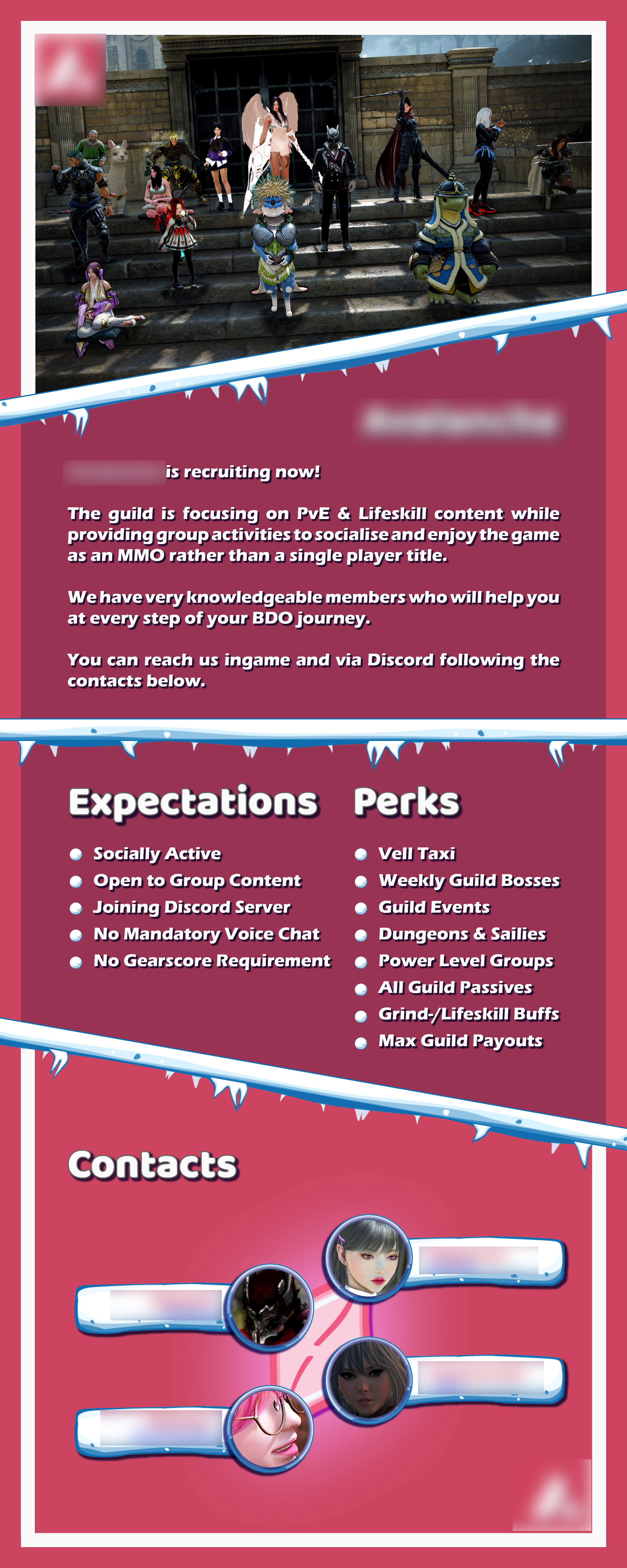Vertical poster for guild recruitment in Black Desert Online MMORPG. White sans-serif fonts on a light red background with snow as accents. Includes contacs with profile pictures