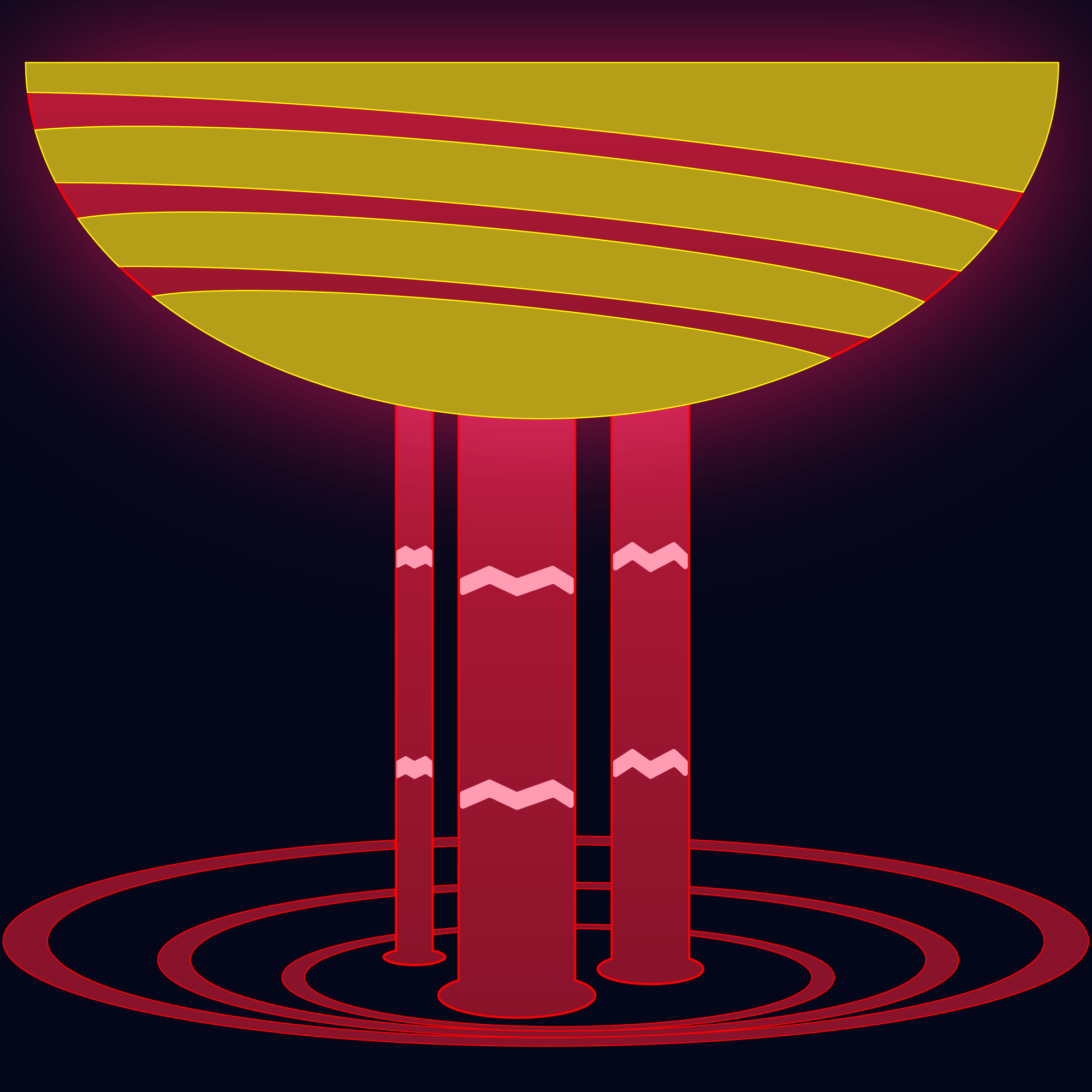 Minimalist logo of a half circle, a red waterfall with ripples