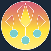 Minimalist Logo of abstract shapes with transparent filling and white lines, and light blue circles with same white lines. All enclosed by another circle with bright yellow to red gradient.