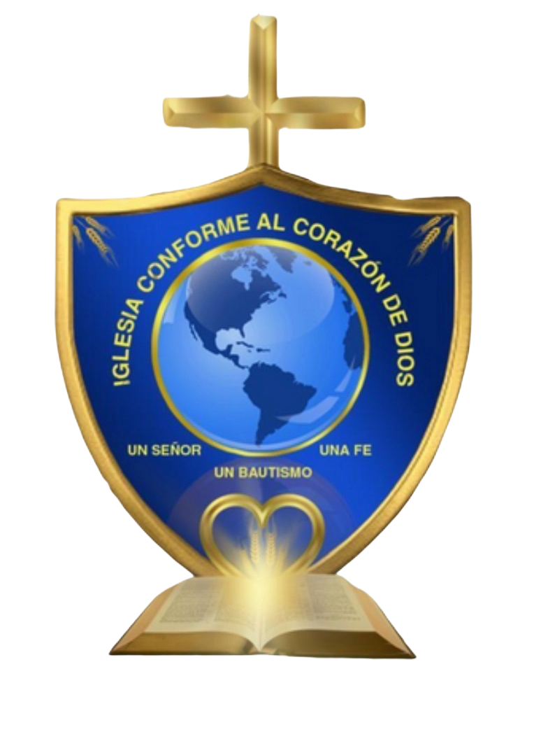 Escudo religioso con cruz dorada en la parte superior, fondo azul con imagen del globo terráqueo y texto en español, incluyendo la frase 'Iglesia conforme al corazón de Dios' y otras palabras relacionadas con la fe y el bautismo, en la parte inferior un libro abierto con luz brillante.