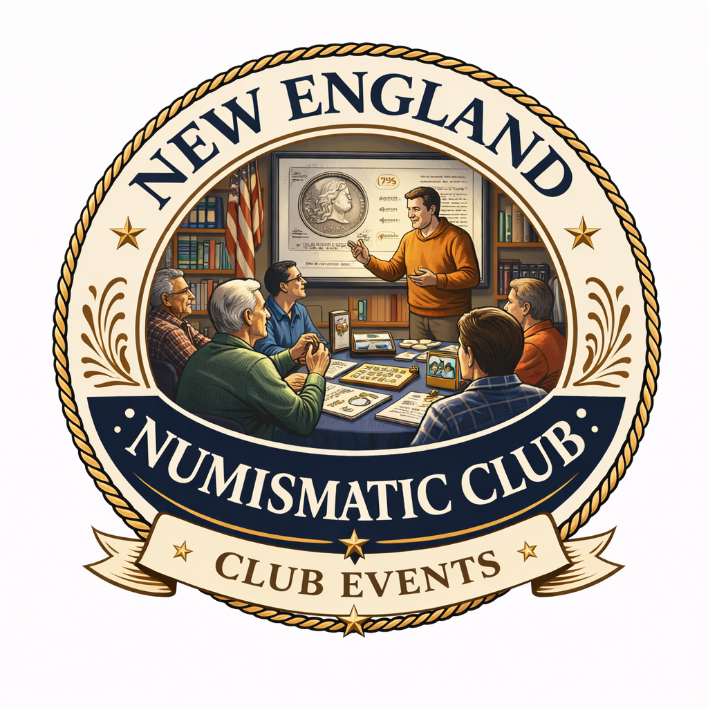 Logo of the New England Numismatic Club with an illustration of a coin presentation at a group meeting.