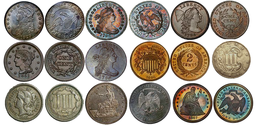 A collection of various US coins from different years and denominations, including pennies, nickels, dimes, quarters, and a half dollar.