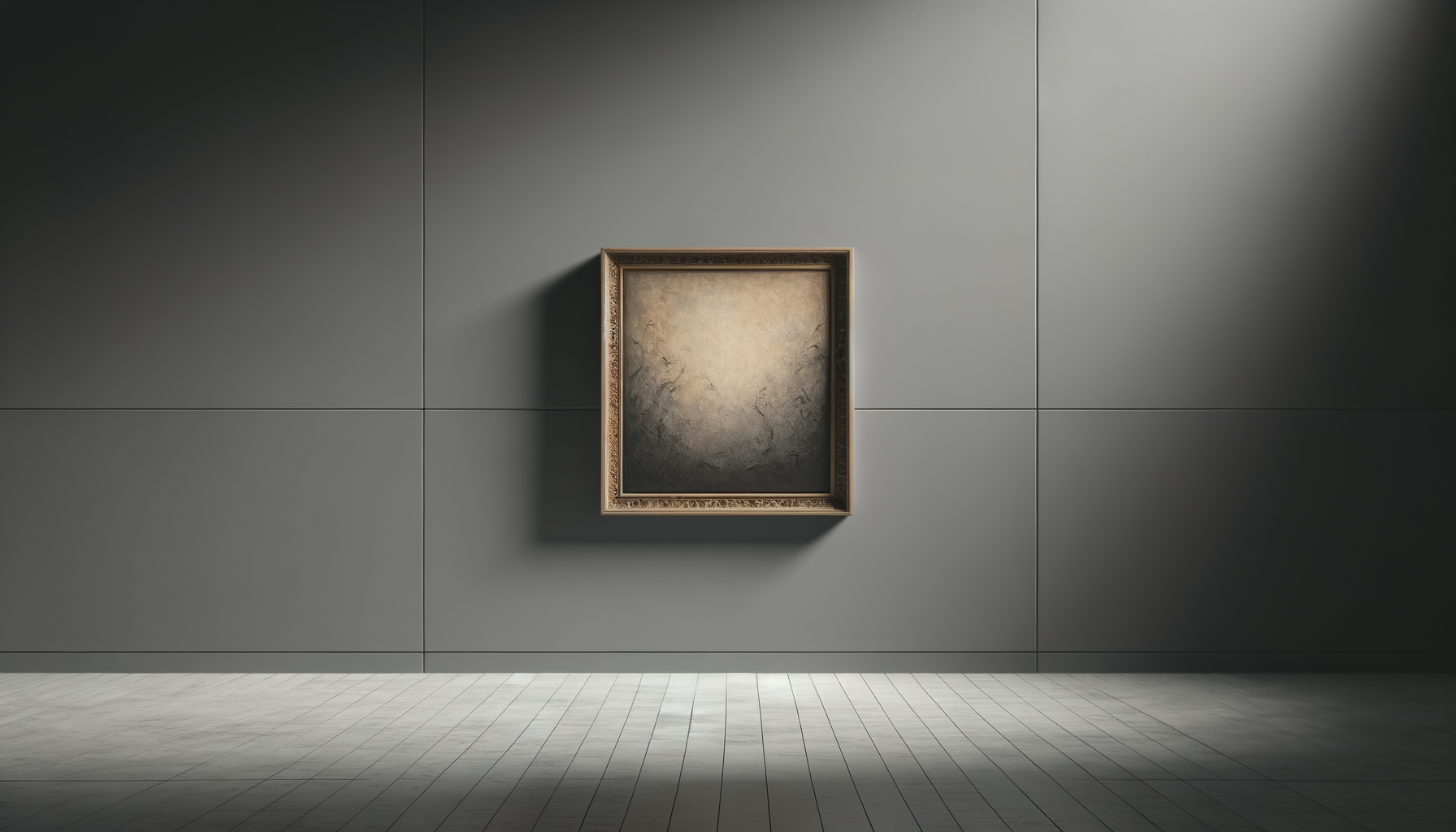 Empty art gallery with a framed painting on a gray wall and tiled flooring