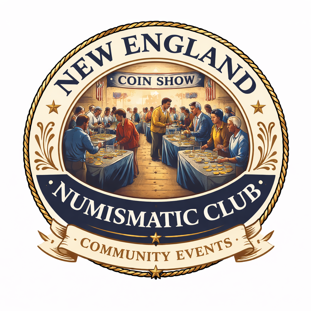 A logo for the New England Nummismatic Club featuring an illustration of a coin show with people browsing and examining coins at tables inside a community event setting.