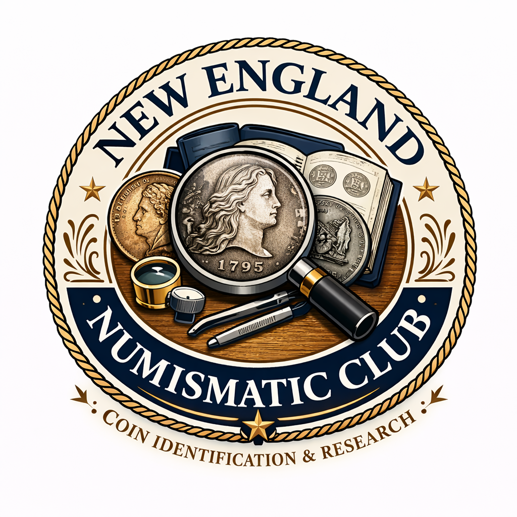 Logo for the New England Numismatic Club featuring coins, a magnifying glass, a book, a flashlight, a pen, and text about coin identification and research.