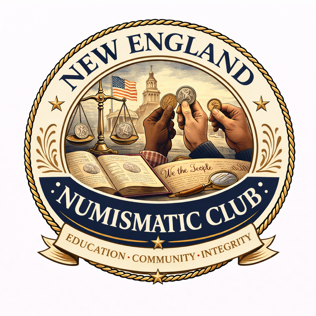 Emblem of the New England Numismatic Club featuring a circular design with a rope border, a pair of hands counting coins, a balance scale with coins, an open book, the U.S. Capitol in the background, and a banner reading "Education, Community, Integrity."