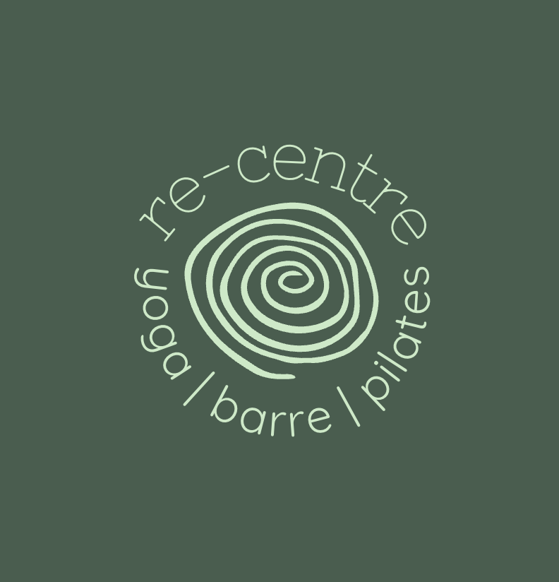 Logo for Re-centré featuring a spiral design with the words 're-centré', 'barré', and 'piliates' arranged around it on a dark green background.
