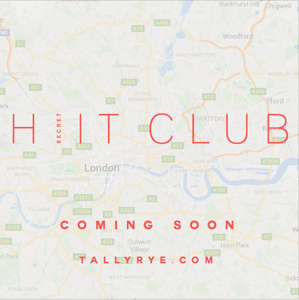 A map of London with red text overlay that reads 'High Club', with smaller text saying 'Secret', 'Coming Soon', and the website 'tallyre.com'.