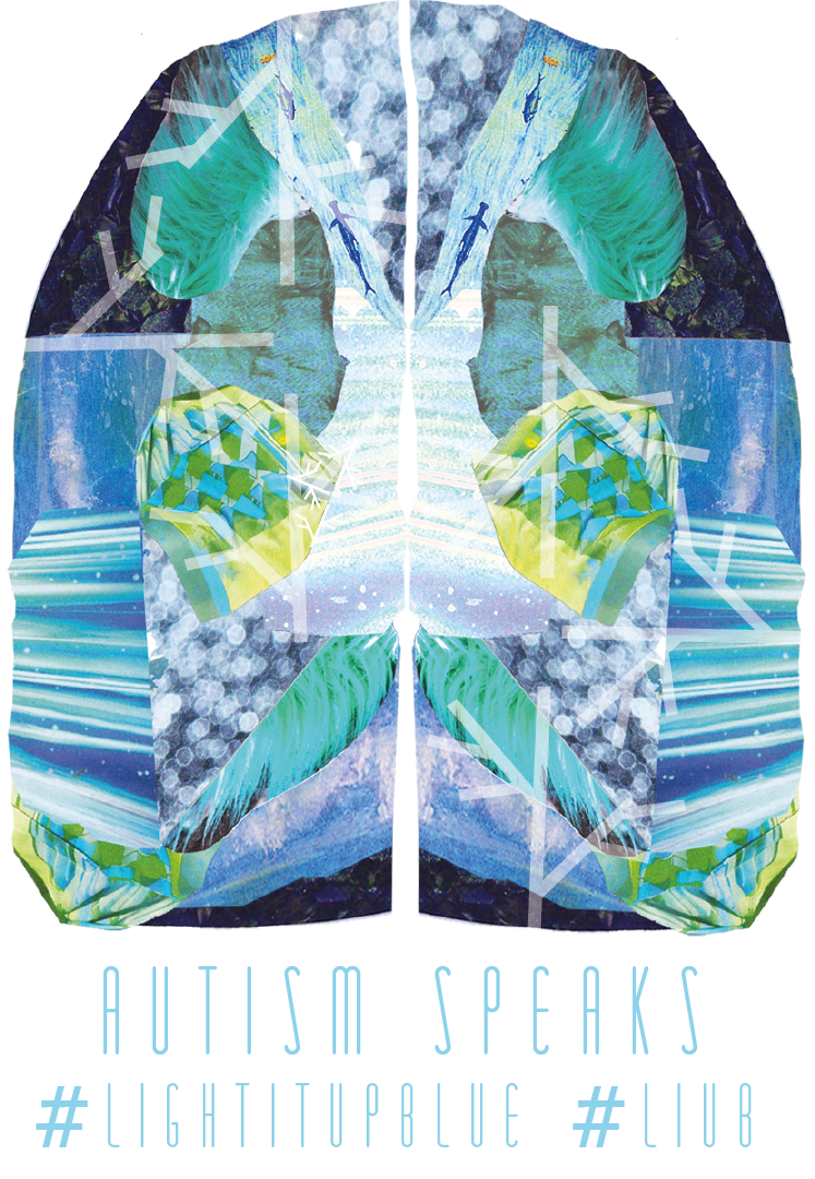 A pair of shorts with a mirrored, abstract, nature-inspired design featuring water, rocks, and greenery.