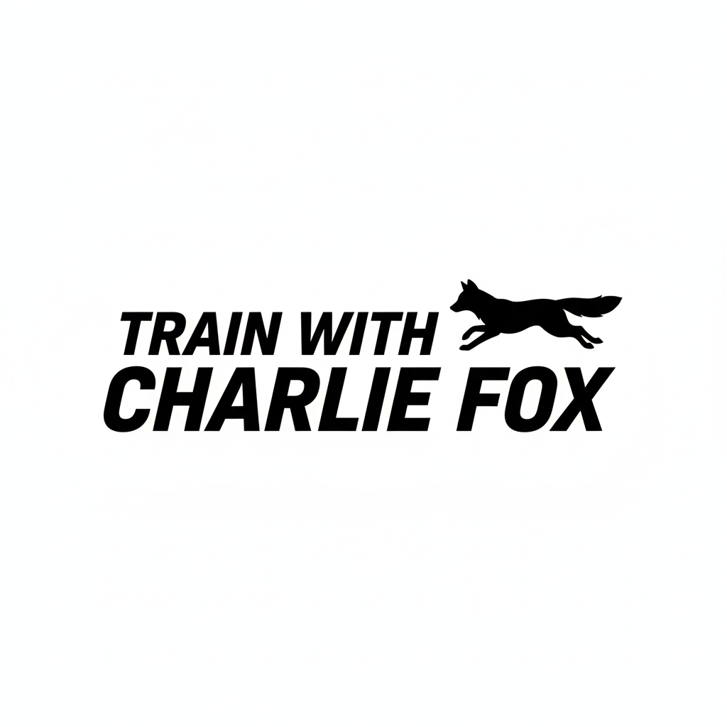 Logo with text 'Train with Charlie Fox' and a running fox silhouette in black on a white background.