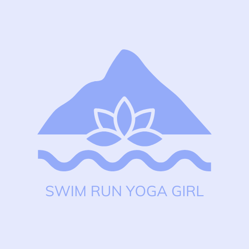 Logo featuring a mountain, a lotus flower, and water with the words "Swim Run Yoga Girl."
