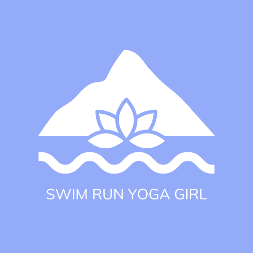 A light blue background with a white mountain, a lotus flower, and wavy water lines, with the words "Swim Run Yoga Girl" underneath.