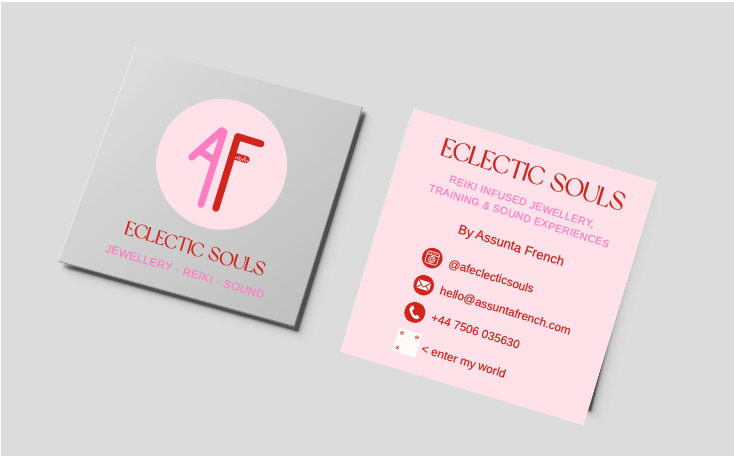 Business cards for Eclectic Souls, a company specializing in jewelry, reiki, and sound experiences, with contact details for Assunta French.