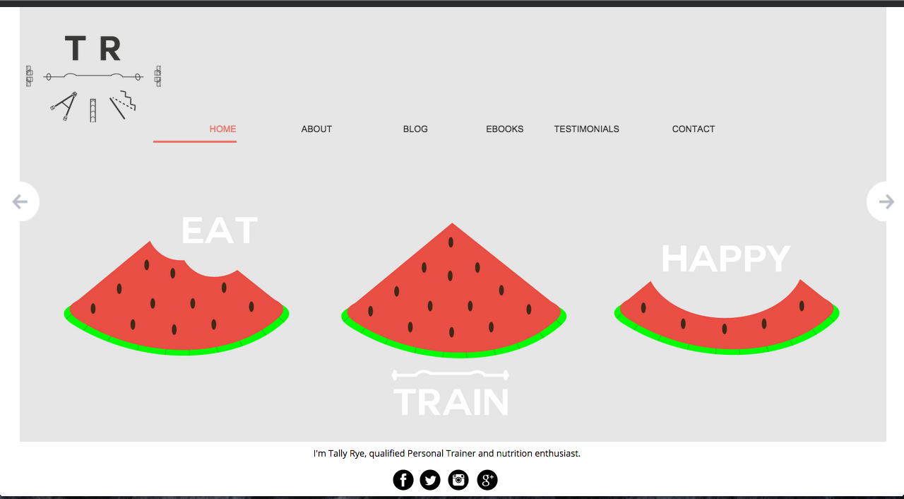 Watermelon slices labeled 'Eat,' 'Train,' and 'Happy' with the website header and menu at the top. It includes links for home, about, blog, e-books, testimonials, and contact.
