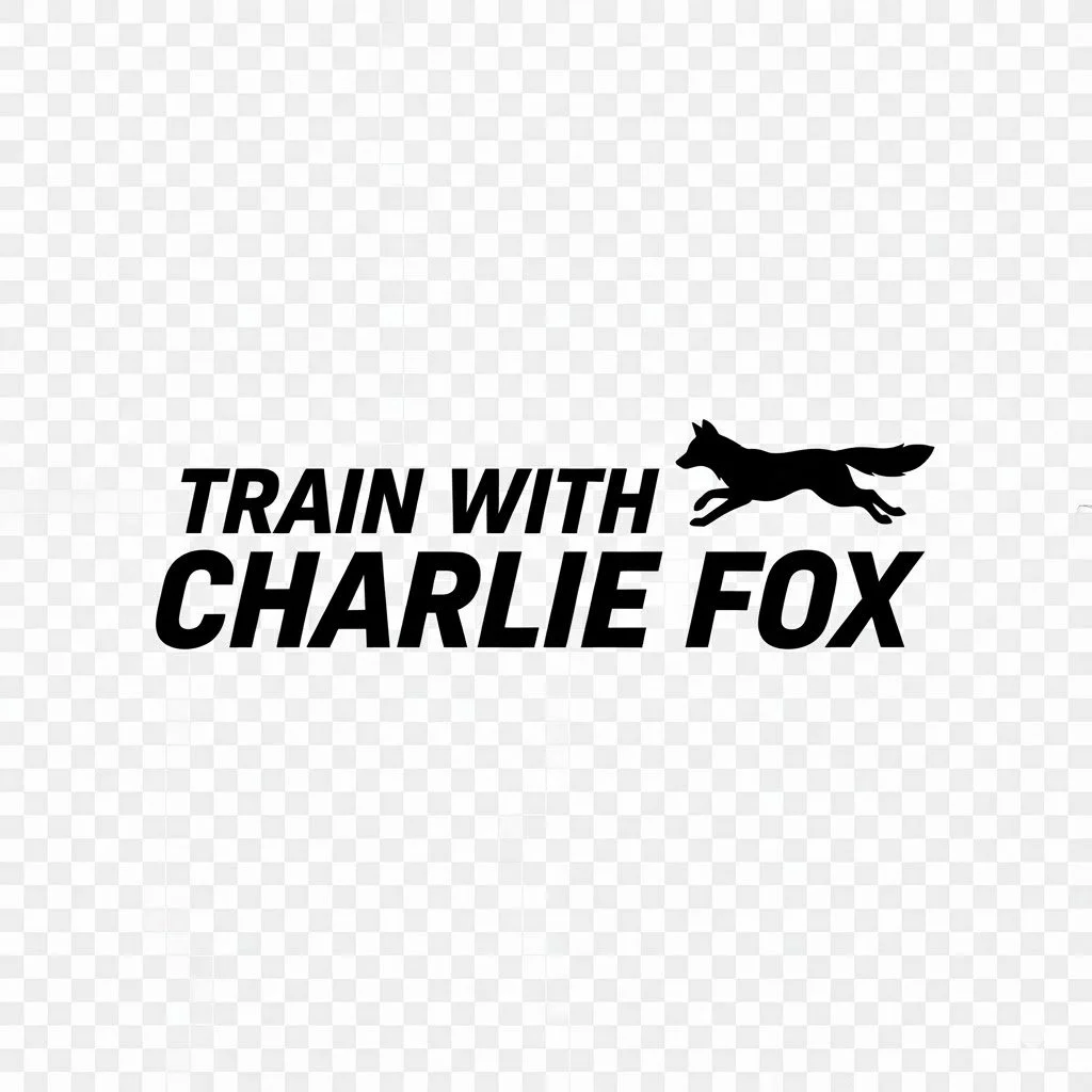 Black silhouette of a running fox above the bold text "TRAIN WITH CHARLIE FOX" on a transparent background.