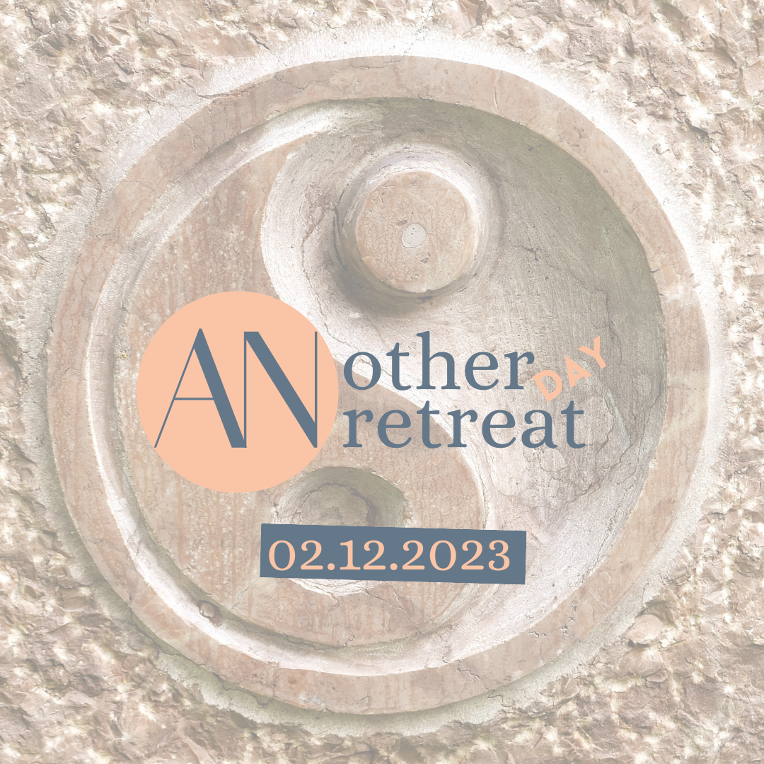 Text overlay on a circular, stone or brick background. The overlay reads "Another Retreat 02.12.2023" with the words "Another" and "Retreat" in dark gray font, "AN" in larger dark gray font inside a peach circle, and the date in peach font on a dark gray rectangle.