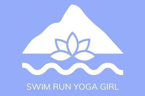 A stylized logo of a mountain, lotus flower, and wavy water lines with the text 'Swim Run Yoga Girl' underneath in white on a light blue background.