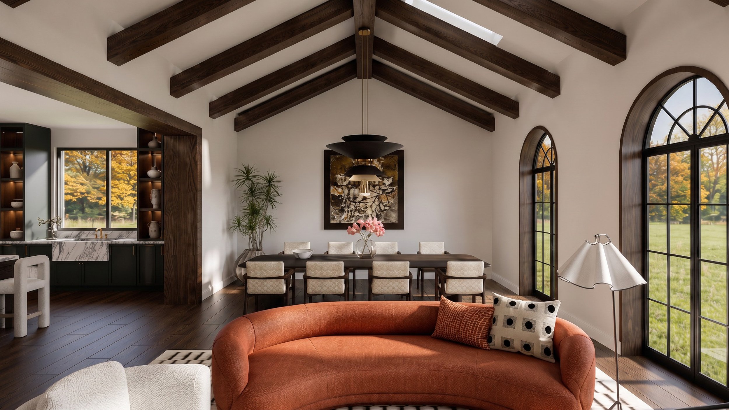 Luxury contemporary dining room in Potomac, Maryland, featuring a vaulted ceiling with exposed dark wood beams, dramatic arched windows, a sculptural black chandelier, warm wood dining furniture, and a curved rust-colored sofa.