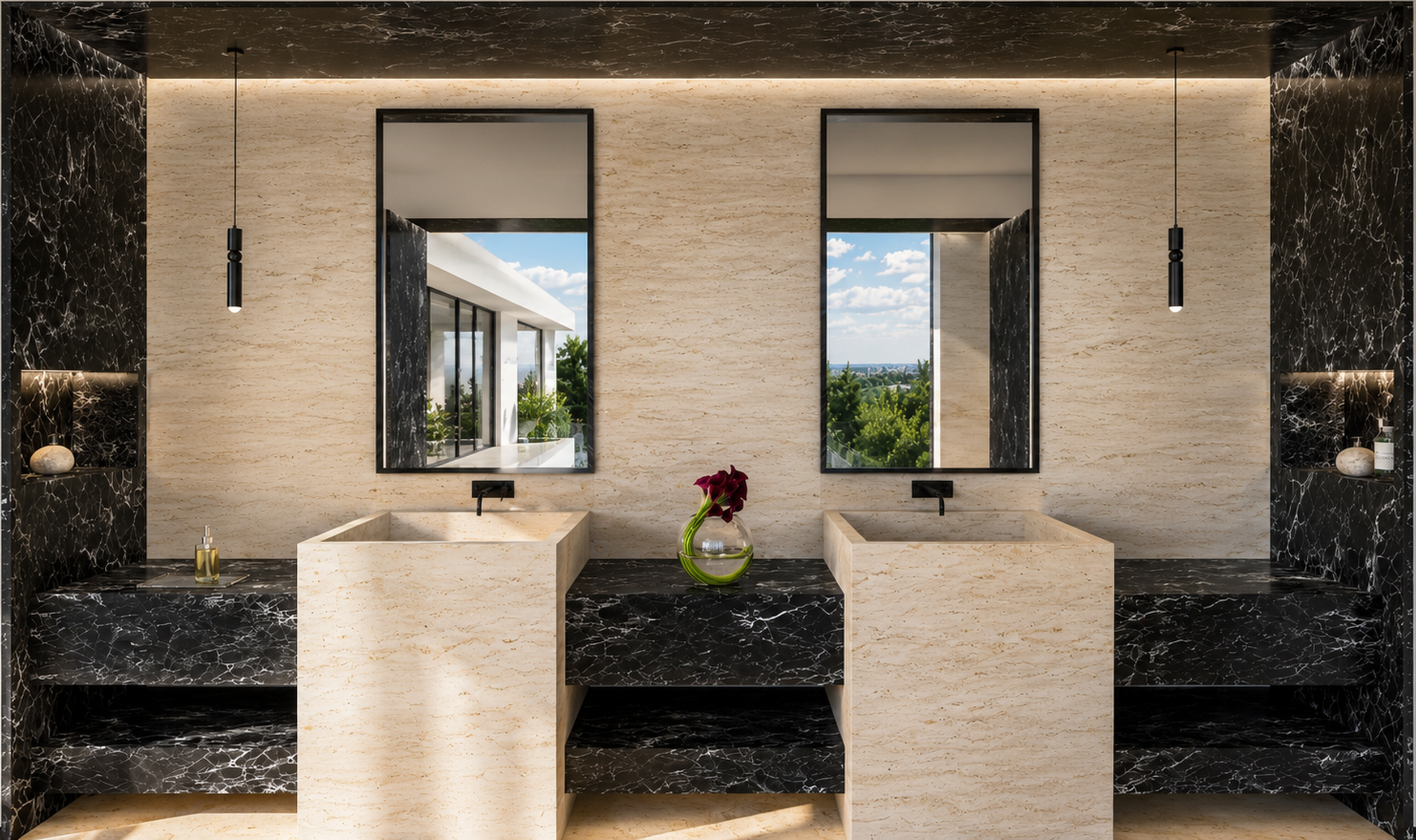Luxury primary bathroom in Palm Beach, Florida, featuring sculptural travertine pedestal sinks, dramatic black marble countertops and ceiling, integrated lighting, black fixtures, and floor-to-ceiling stone finishes.